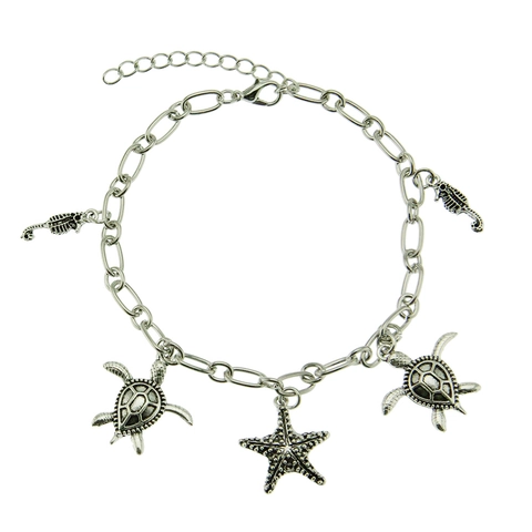 Bohemian Retro Silver Color Alloy Ocean Theme Starfish Turtle Seahorse Charm Bracelet For Women Hip Hop Street Style Jewelry