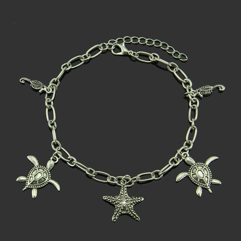 Vintage Ozean Thema Charme Armband Für Damen Antik Silber Legierung Meeresschildkröte Seepferdchen Seestern Anhänger Armband
