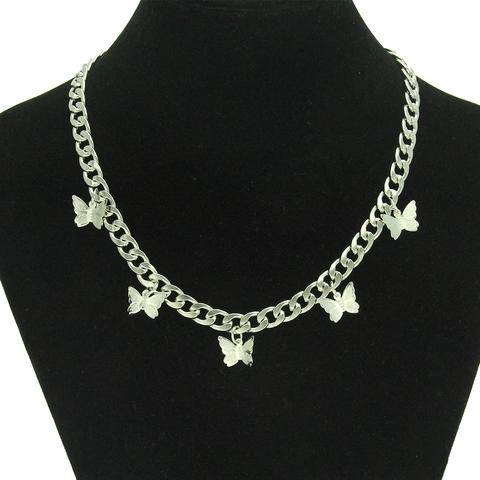 Minimalist Silver Color Butterfly Pendant Cuban Link Necklace For Women Fashion Iron Alloy Curb Chain Jewelry Gift