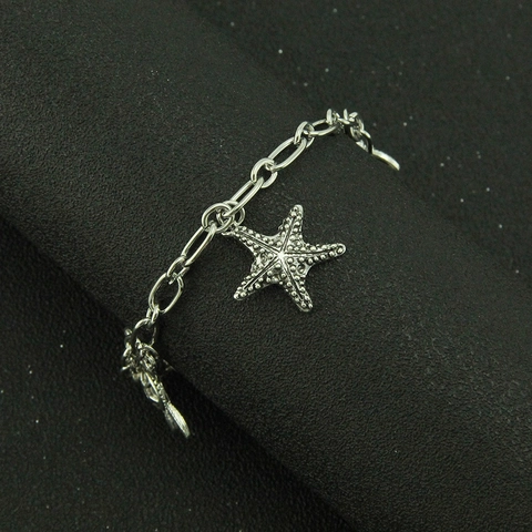 Bohemian Retro Silver Color Alloy Ocean Theme Starfish Turtle Seahorse Charm Bracelet For Women Hip Hop Street Style Jewelry