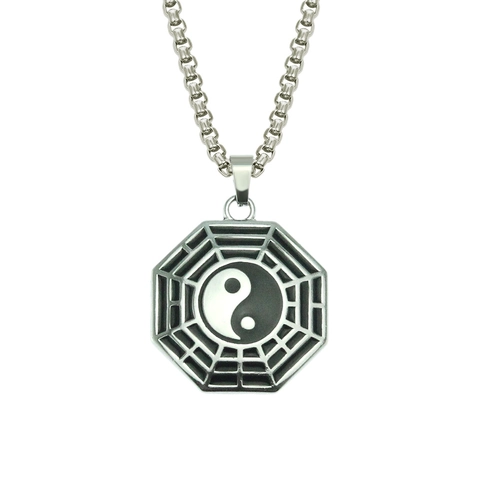 Collar con Colgante Yin Yang Tai Chi Bagua de Estilo Chino Vintage Joyería de Brújula de Taoísmo Religioso para Hombres Mujeres Cadena de Aleación de Hierro Plateado
