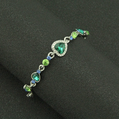 Heart Shaped Alloy Bracelet For Women Silver Color Marine Heart Design Colorful Rhinestone Inlaid Fashion Jewelry Gift For Friend