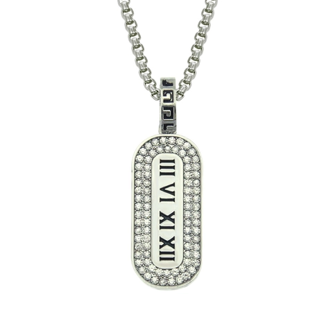 Hip Hop Stainless Steel Chain Zinc Alloy Roman Numeral Rectangle Pendant Necklace For Men Women Rhinestone Inlaid Jewelry