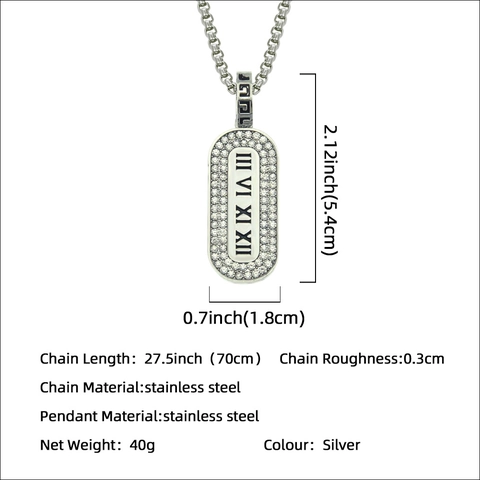 Hip Hop Stainless Steel Chain Zinc Alloy Roman Numeral Rectangle Pendant Necklace For Men Women Rhinestone Inlaid Jewelry