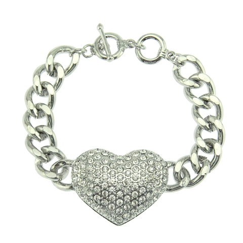 Hip Hop Punk Grove Schakelketting Armband Met Grote Strass Pavé Hart Hanger Voor Mannen Vrouwen Zilver Legering Toggle Sluiting Hart Armband Sieraden