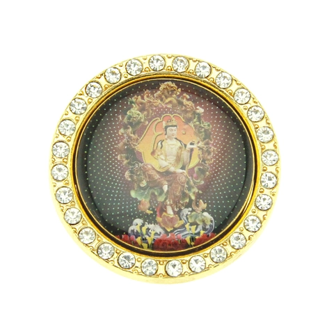 Decorazione Adesiva per Telefono con Buddha in Lega Rotante con Strass Statuetta Religiosa di Guan Yin Placcata in Oro