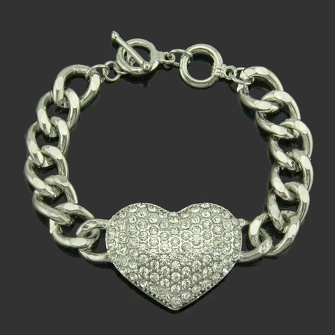 Alloy Heart Rhinestone Cuban Link Bracelet With Toggle Clasp Silver Color Hip Hop Pave Rhinestone Jewelry For Men Women