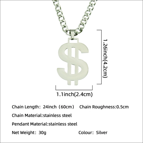 Hip Hop Stainless Steel Dollar Sign Pendant Necklace Silver Color Smooth Cuban Link Chain For Men Women Street Fashion Jewelry
