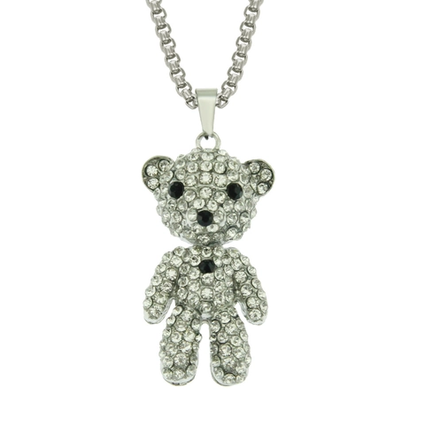 Collar de Colgante de Oso de Peluche Diamantes Imitación Hip Hop Cadena Caja Acero Inoxidable Aleación Joyería Animal Hombres Mujeres Color Plata