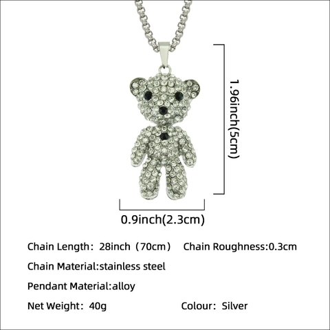 Collar de Colgante de Oso de Peluche Diamantes Imitación Hip Hop Cadena Caja Acero Inoxidable Aleación Joyería Animal Hombres Mujeres Color Plata