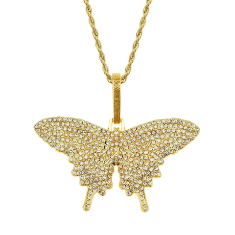 Collana con Ciondolo a Farfalla Hip Hop Iced Out per Uomo Bling Strass Lega Catena di Ferro Streetwear Moda Gioielli Regalo