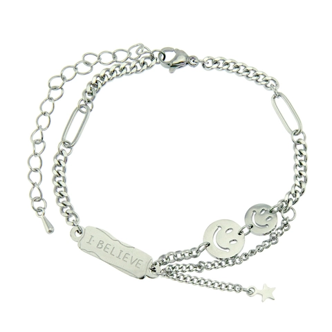 Bracciale Smiley in Acciaio al Titanio alla Moda per Uomo Donna Charm Stella Piastrina I Believe Catena Regolabile Argento