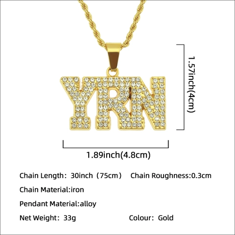 Hip Hop Gold Tone YRN Letter Pendant Necklace Iced Out Rhinestone Alloy Rope Chain Jewelry Accessory For Men Women