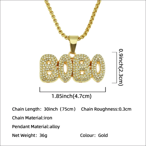 Hip Hop Iced Out Letter BOBO Pendant Necklace Gold Color Alloy Iron Rhinestone Bling Box Chain Jewelry For Men Women Party