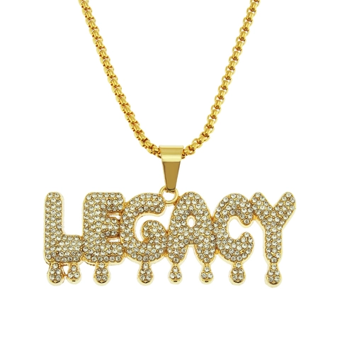 Hip Hop LEGACY Dripping Letter Pendant Necklace Gold Color Alloy Box Chain Rhinestone Inlaid Punk Rock Jewelry For Men
