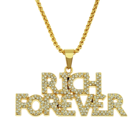 Hip Hop Gold Plated Alloy Rich Forever Letter Pendant Necklace For Men Bling Rhinestone Inlaid Iron Box Chain Street Fashion
