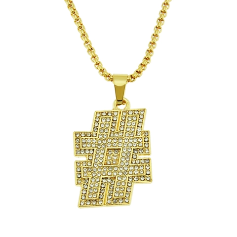 Collar con Colgante de Hashtag Hip Hop para Hombre Aleación Tono Dorado con Diamantes de Imitación Cadena de Caja Joyería