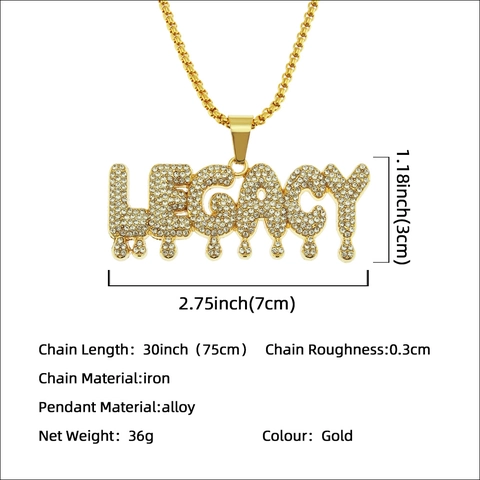 Hip Hop LEGACY Dripping Letter Pendant Necklace Gold Color Alloy Box Chain Rhinestone Inlaid Punk Rock Jewelry For Men
