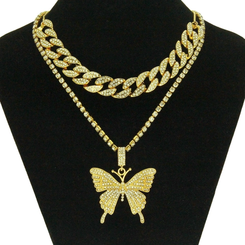 Collana Hip Hop Con Maglia Cubana e Farfalla Ciondolo a Farfalla e Catena Cubana Con Strass Intarsiati Gioielli In Lega