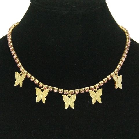 Women Alloy Butterfly Pendant Necklace Pink Blue White Rhinestone Cuban Link Chain Clavicle Necklace Fashion Jewelry Gift