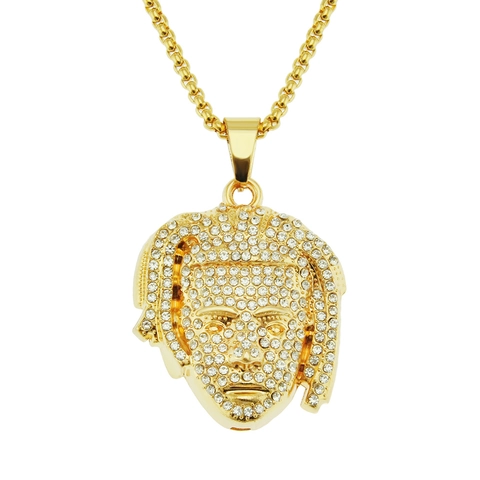 Collana con Ciondolo Ritratto da Uomo Hip Hop Iced Out Lega Strass Pendenti Volto Personaggio con Catena a Scatola Oro Argento
