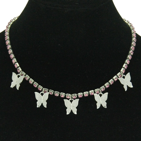 Women Alloy Butterfly Pendant Necklace Pink Blue White Rhinestone Cuban Link Chain Clavicle Necklace Fashion Jewelry Gift