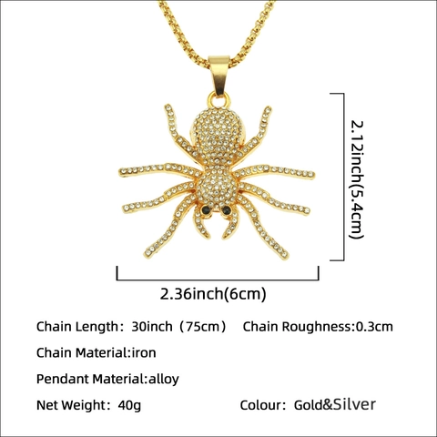 Collana con Ciondolo a Ragno Hip Hop Iced Out per Uomo Gotico Punk Lega Strass Forma di Ragno Gioielli di Moda Collana Catena Box