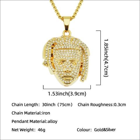 Collana con Ciondolo Ritratto da Uomo Hip Hop Iced Out Lega Strass Pendenti Volto Personaggio con Catena a Scatola Oro Argento