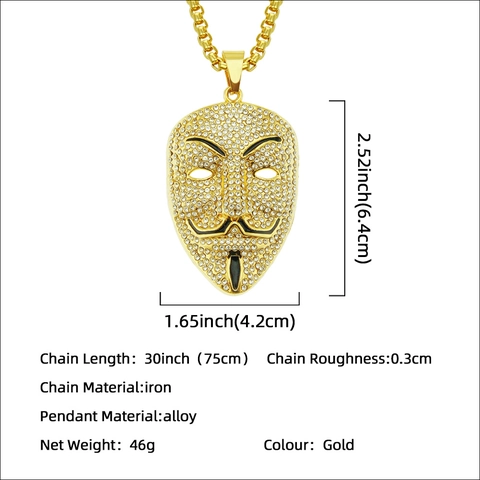 Hip Hop Iced Out Portrait Mask Pendant Necklace For Men Shiny Rhinestone Inlaid Alloy Face Charm Dominating Jewelry