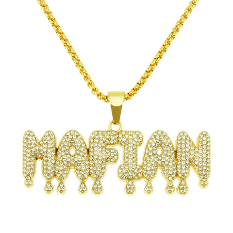 Hip-Hop Gold Color Letter Pendant Necklace For Men Iced Out Rhinestone Inlaid Alloy Iron Grid Chain Personalized Fashion Jewelry