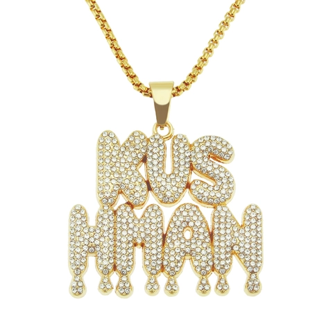 Hip Hop Gold Color Alloy Rhinestone KUSHMAN Letter Drip Pendant Necklace For Men Women Street Party Jewelry
