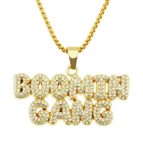 Collier Pendentif Lettre BOOMIN GANG Hip Hop Iced Out Hommes Plaque Or Alliage Chaine Venitienne Strass Bijoux Streetwear
