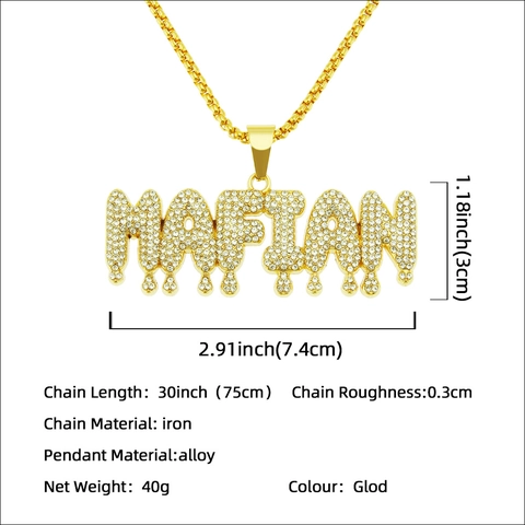 Hip-Hop Gold Color Letter Pendant Necklace For Men Iced Out Rhinestone Inlaid Alloy Iron Grid Chain Personalized Fashion Jewelry