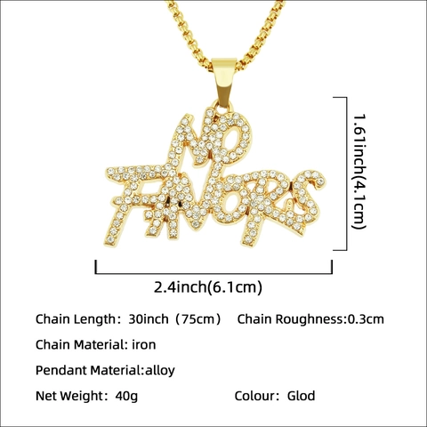 Hiphop NO FAVORS Letter Pendant Necklace Gold Plated Alloy Iron Rhinestone Inlaid Iced Out Jewelry For Unisex Party Accessary