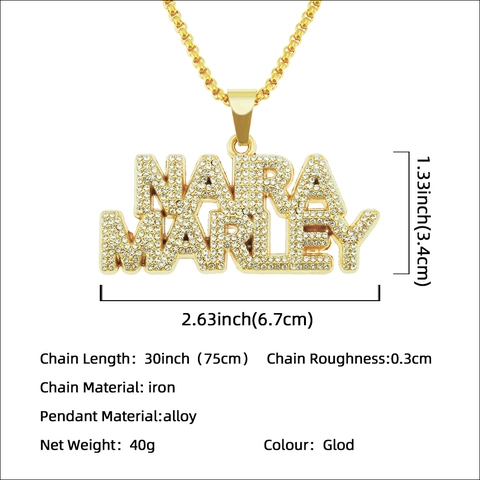 Iced Out NARA MARLEY Letter Pendant Necklace For Men Women Hip Hop Gold Plated Zinc Alloy Rhinestone Streetwear Jewelry