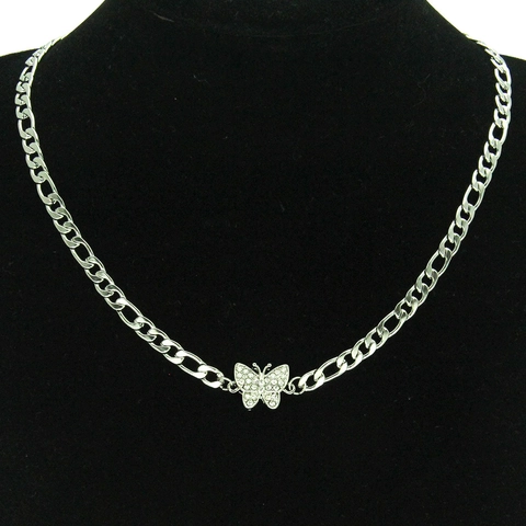 Ins Individual Rhinestone Butterfly Pendant Necklace Simple Polished Figaro Chain Choker Fashion Lightweight Jewelry Gift For Women