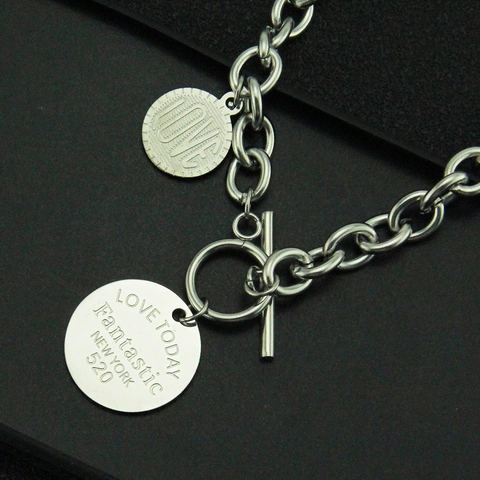 Stainless Steel OT Buckle Double Pendant Necklace Harajuku Hiphop Style Round Square Tag Letter Engraved Chain For Men Women