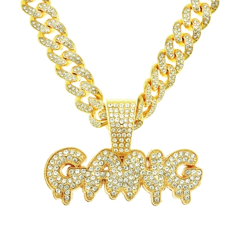 Collana con Ciondolo Lettera Gang Hip Hop per Uomo Donna Lega di Zinco Strass Catena a Maglia Cubana Gioielli Streetwear Personalizzati
