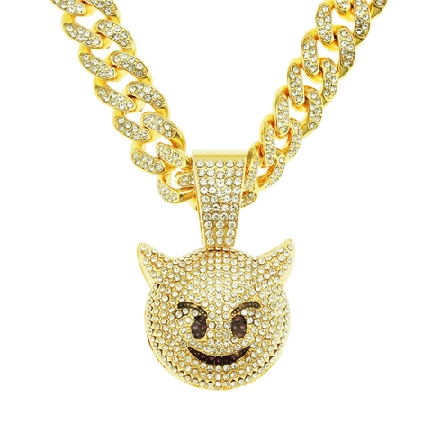 Collier Hip Hop Iced Out avec Pendentif Sourire de Diable Monstre pour Hommes Femmes Plaqué Or Argent Strass Maille Cubaine Bijoux Tendance