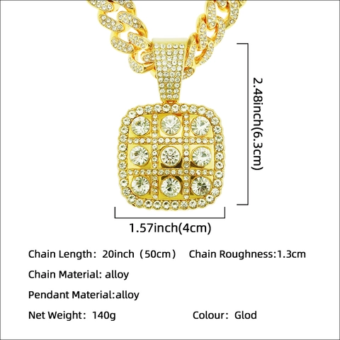 Collier pour Hommes Hip Hop Iced Out Pendentif Carré Alliage Or Strass Maillon Cubain Bijoux de Mode pour Fête