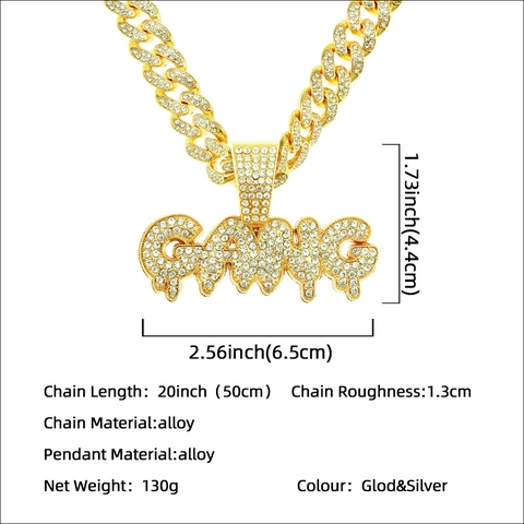 Collana con Ciondolo Lettera Gang Hip Hop per Uomo Donna Lega di Zinco Strass Catena a Maglia Cubana Gioielli Streetwear Personalizzati