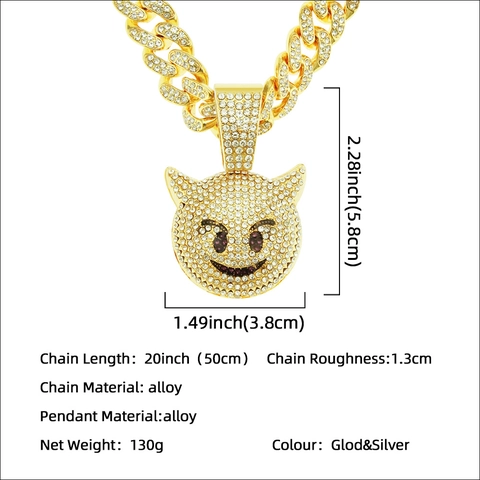 Collier Hip Hop Iced Out avec Pendentif Sourire de Diable Monstre pour Hommes Femmes Plaqué Or Argent Strass Maille Cubaine Bijoux Tendance