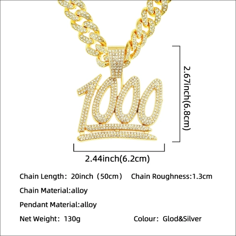 Collana con Pendente Numero 1000 Iced Out da Uomo Hip Hop Lega Strass Catena a Maglia Cubana Gioielli Streetwear Oro Argento