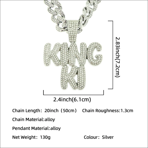 Collar Hip Hop Hombre con Colgante Letra King de Aleación y Diamantes de Imitación Cadena Eslabones Cubanos Joyería Streetwear
