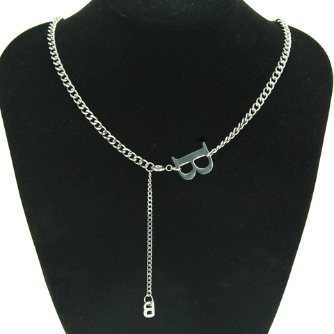 Stainless Steel B Letter Initial Pendant Necklace Cuban Link Chain Hip Hop Punk Jewelry For Men Women Silver Tone