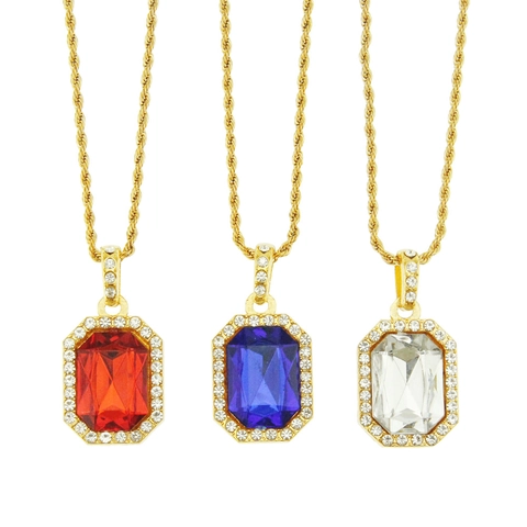 Collana Con Ciondolo a Forma di Grande Pietra Preziosa Rettangolare Hip Hop Catena a Fune Oro Strass Gioielli Punk Uomo Donna