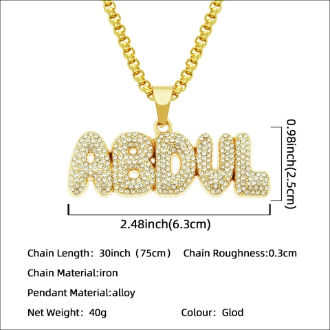 Punk Hip Hop Iced Out Letra Colgante Collar Color Oro Aleación Diamantes De Imitación Empalmados ABDUL Charm Joyería Streetwear Para Hombre