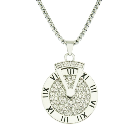 Collana con Pendente Quadrante Rotante Numeri Romani Hip Hop per Uomo Donna Strass in Lega Catena in Acciaio Inossidabile Gioielli