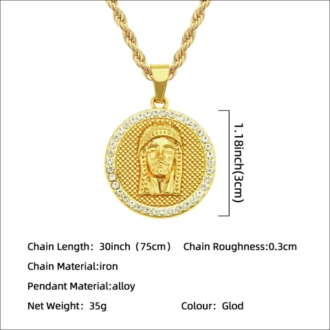 Collar de Medallón Redondo de Aleación Hip Hop Chapado en Oro Retrato de Jesús en Relieve Colgante de Diamantes de Imitación Joyas Vintage para Hombre Mujer