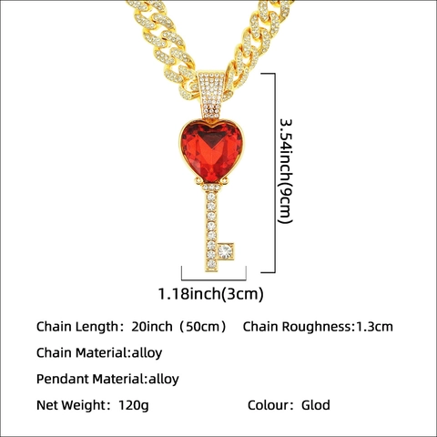 Collana con Pendente a Chiave di Cuore Placcata Oro Hip Hop con Catena Cubana in Strass Rossi Iced Out per Uomo Donna Gioielli